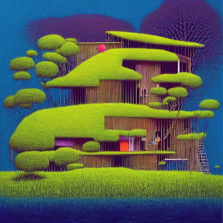 Image similar to surreal glimpse into other universe, a house by kengo kuma on an island, summer morning, very coherent and colorful high contrast, art by!!!! gediminas pranckevicius!!!!, geof darrow, floralpunk screen printing woodblock, dark shadows, hard lighting, stipple brush technique,