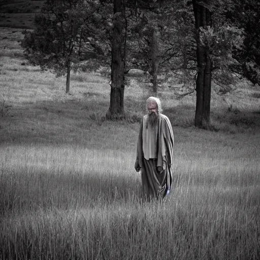 Prompt: old prophet wandering about a meadow. dramatic backlighting