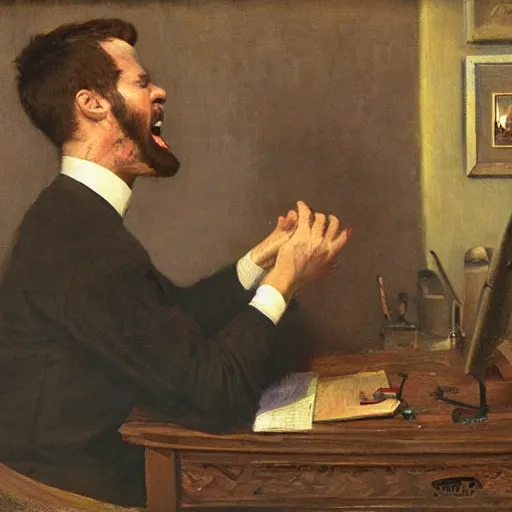 Image similar to an angry man yells at his computer monitor, oil on canvas, 1 8 8 3, highly detailed