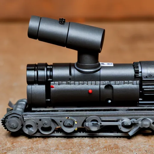 Image similar to an hd photograph, of a completely 3 d printed rail gun. 5 0 mm lens, f 1. 8.