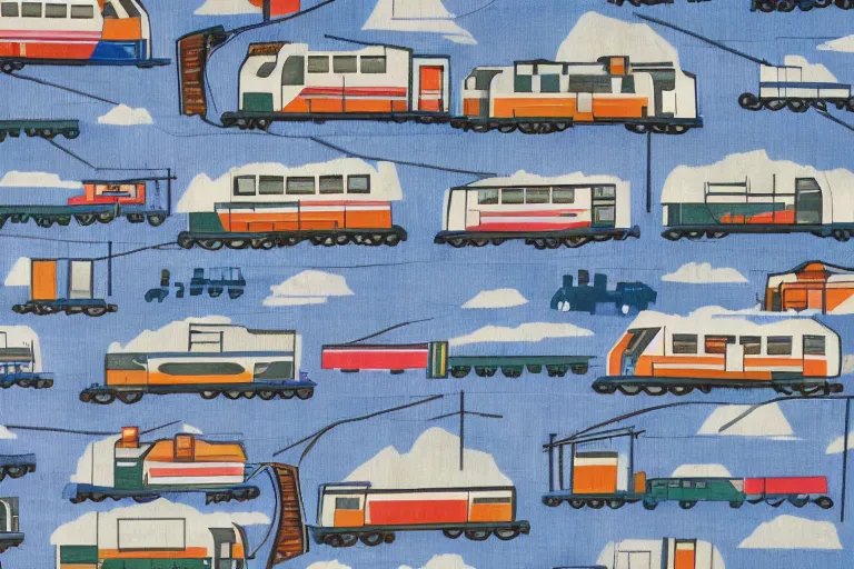 Prompt: light rail trains on a blotter sheet