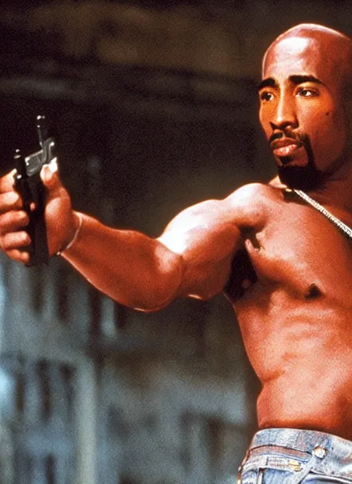 Image similar to film still of Tupac as John McClane in Die Hard, 4k