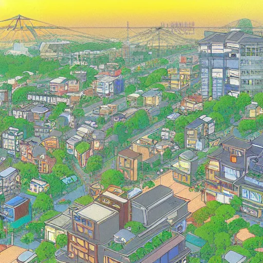 Prompt: ”Tokyo suburb in sunset, studio ghibli style, by hayao miyazaki, detailed, high quality”