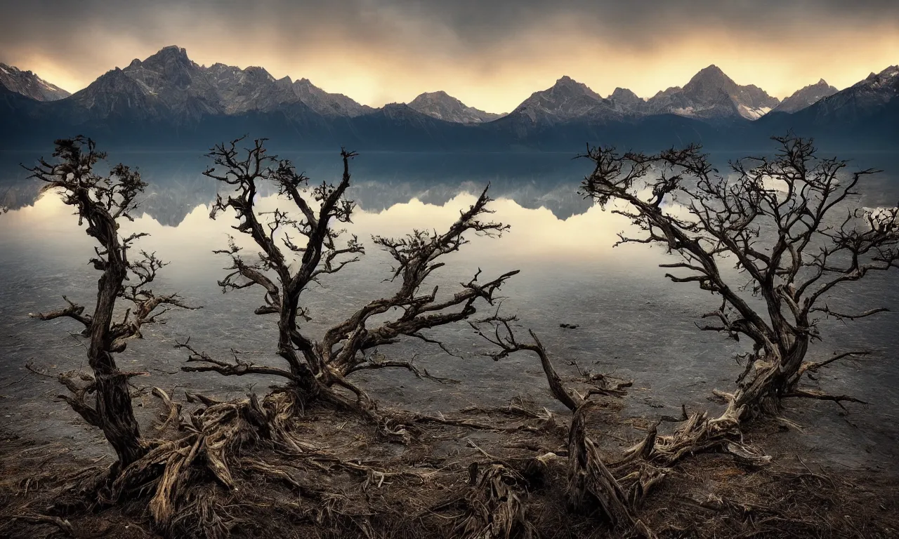 Image similar to landscape photography by marc adamus, dead tree in the foreground, mountains, lake