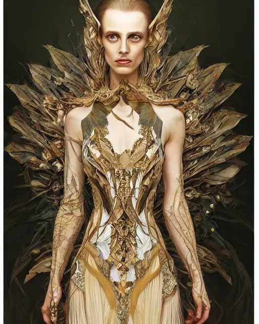 Image similar to Beautiful and frightening high elf queen wearing high fashion made of wood and leaves from Alexander McQueen and Iris Van Herpen, hyperrealistic masterpiece painted by Jaime Jones, Jana Schirmer, Artgerm and Alphonse Mucha