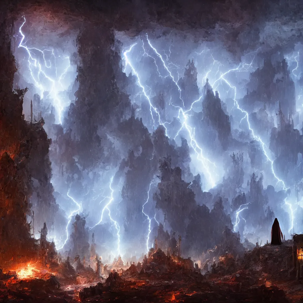 Image similar to a still of a cloaked figure standing in the ruins of crux prime, monastery, there is lightning, blue fiery maelstrom in the distance, it is raining, digital art, artstationhq