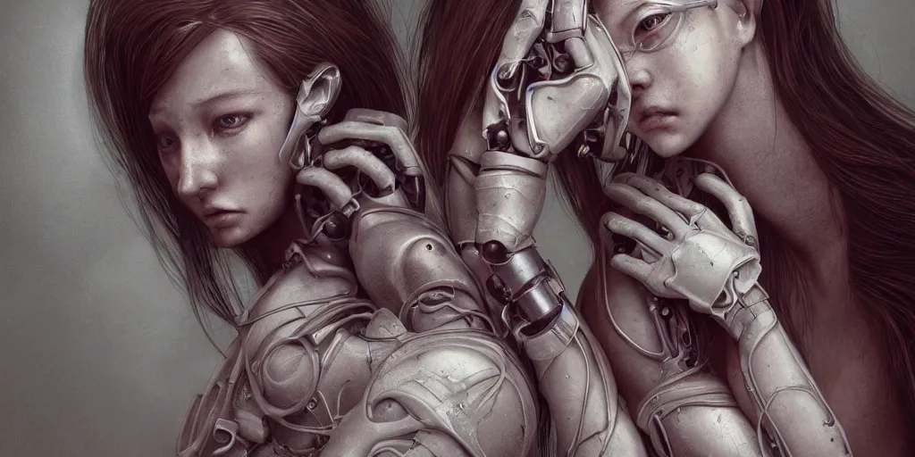 Image similar to hyperrealistic photography of a stunningly beautiful cyborg female, mechanical elbow, plated arm, intimate, holding hands, in the style of beth cavener, jin kagetsu,, and wlop, highly detailed, intricate, face symmetry, masterpiece, award - winning, sharp focus, concept art, high key, ambient lighting, 8 k, octane render, artstation