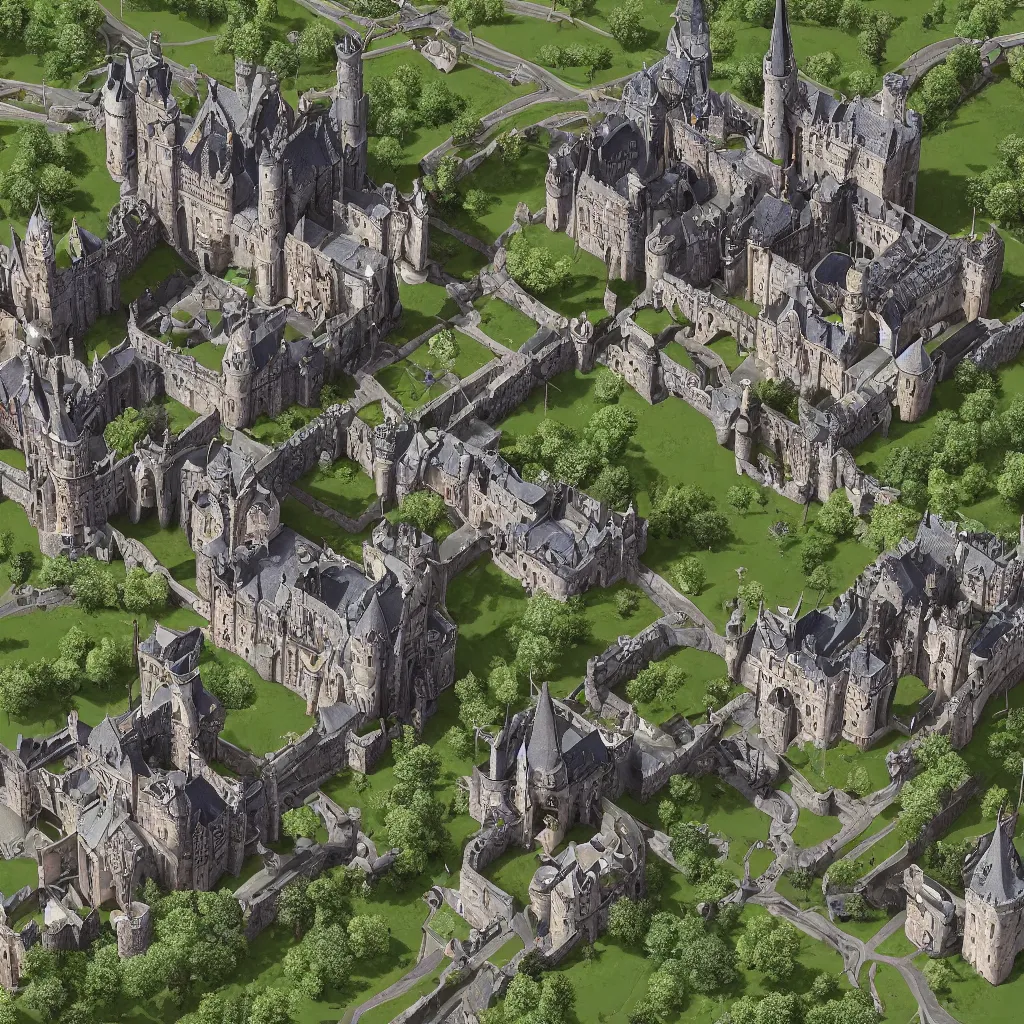 Image similar to fantasy celtic castle surrounded by urban sprawl, castle has many towers, photorealistic, hyper detailed, hohenzollern castle