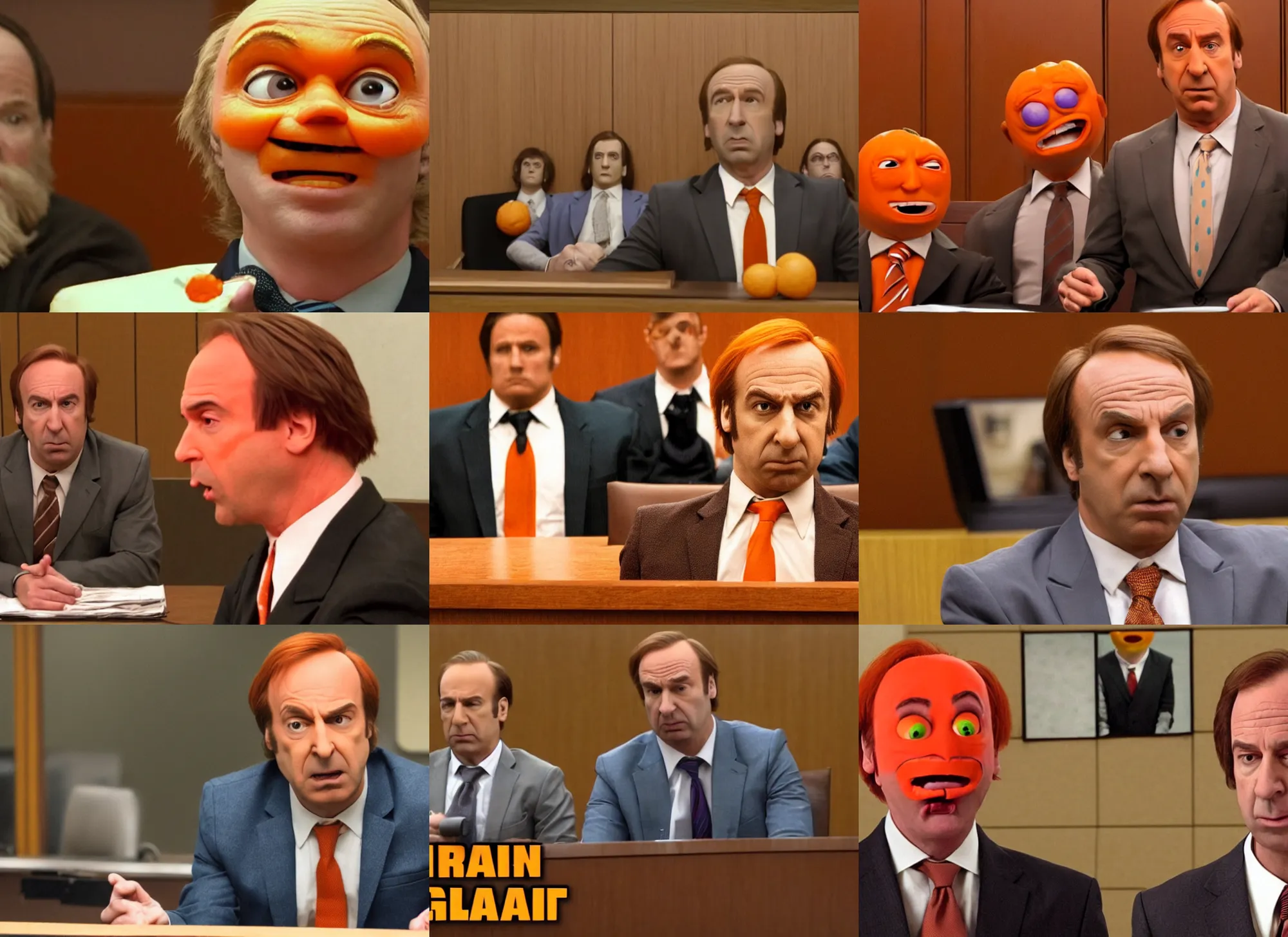 Prompt: saul goodman defending the annoying orange in court, high quality, 4k, television stil