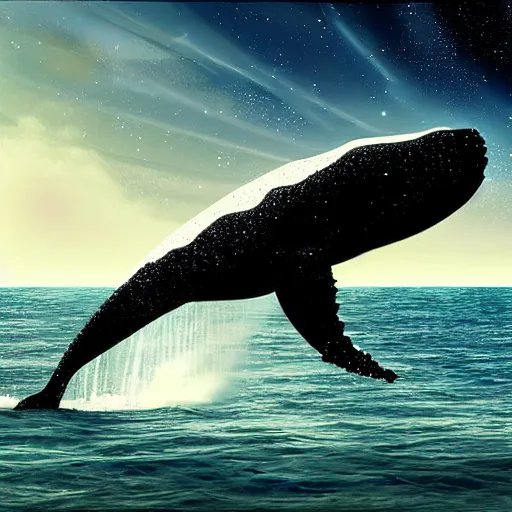 Prompt: a whale peeking above the ocean and wistfully watching a spaceship fly away, sci-fi digital art,