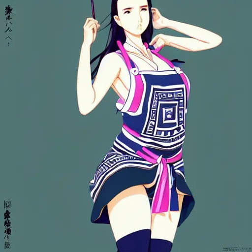 Image similar to a beautiful plus sized model japanese natalie portman, alluring plus sized model, wearing mayan leotard with elegant mayan apron overalls, street fashion hip hop style with mayan patterns, aztec street fashion, gapmoe yandere grimdark, trending on pixiv fanbox, painted by greg rutkowski makoto shinkai takashi takeuchi studio ghibli, akihiko yoshida