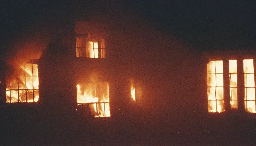 Image similar to 1 9 7 0 s movie still of a heavy burning house windows in a small french village by night, cinestill 8 0 0 t 3 5 mm, heavy grain, high quality, high detail, dramatic light, anamorphic, flares