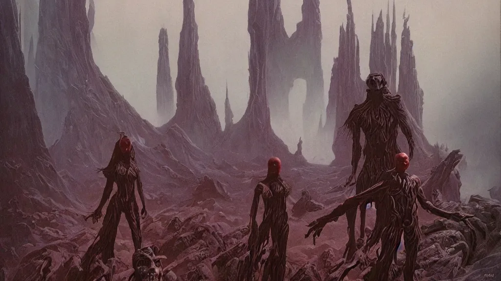 Image similar to eerie atmospheric evolving alien planet by gerald brom and vincent di fate, epic cinematic matte painting