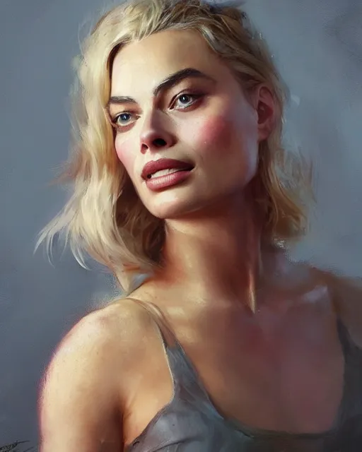 Image similar to Full view realistic portrait of actress margot robbie, masterpiece by Craig Mullins Artgerm in the style of Ruan Jia, wlop, Ross Tran, detailed and realistic, soft lighting, intricate details, realistic, full view, Artstation, CGsociety