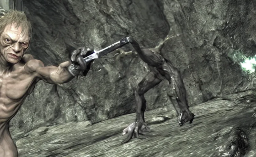 Prompt: a screenshot of gollum in metal gear solid 3,