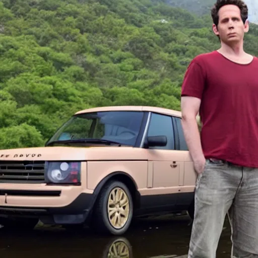 Image similar to dennis reynolds a. k. a. the golden god, standing next to his range rover near a body of water, cinematic style