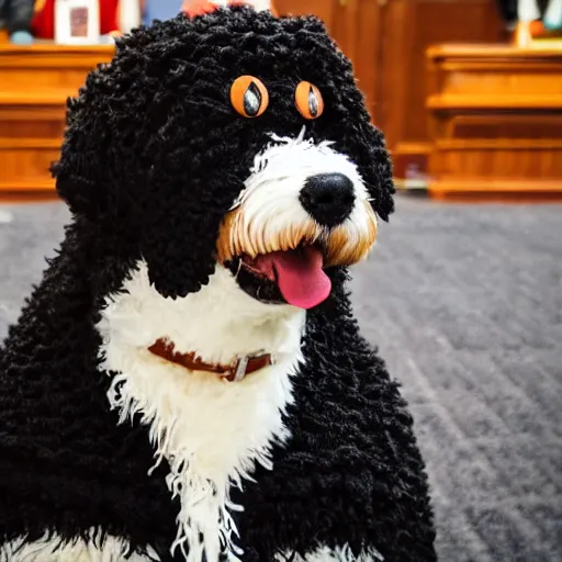 Prompt: a closeup photorealistic photograph of a cute smiling knitted bernedoodle judge dog dressed in a black gown, presiding over the courthouse. indoor shot, professional capture, well lit photo. this 4 k hd image is trending on artstation, featured on behance, well - rendered, extra crisp, features intricate detail, epic composition and the style of unreal engine.