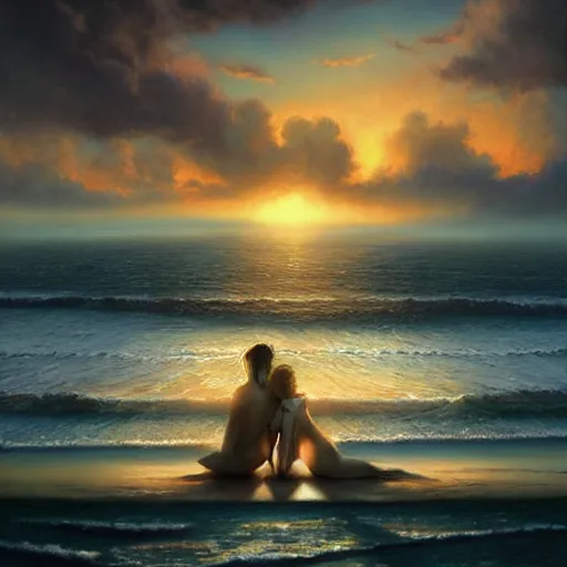 Image similar to couple of love watching sunset, by lise deharme,