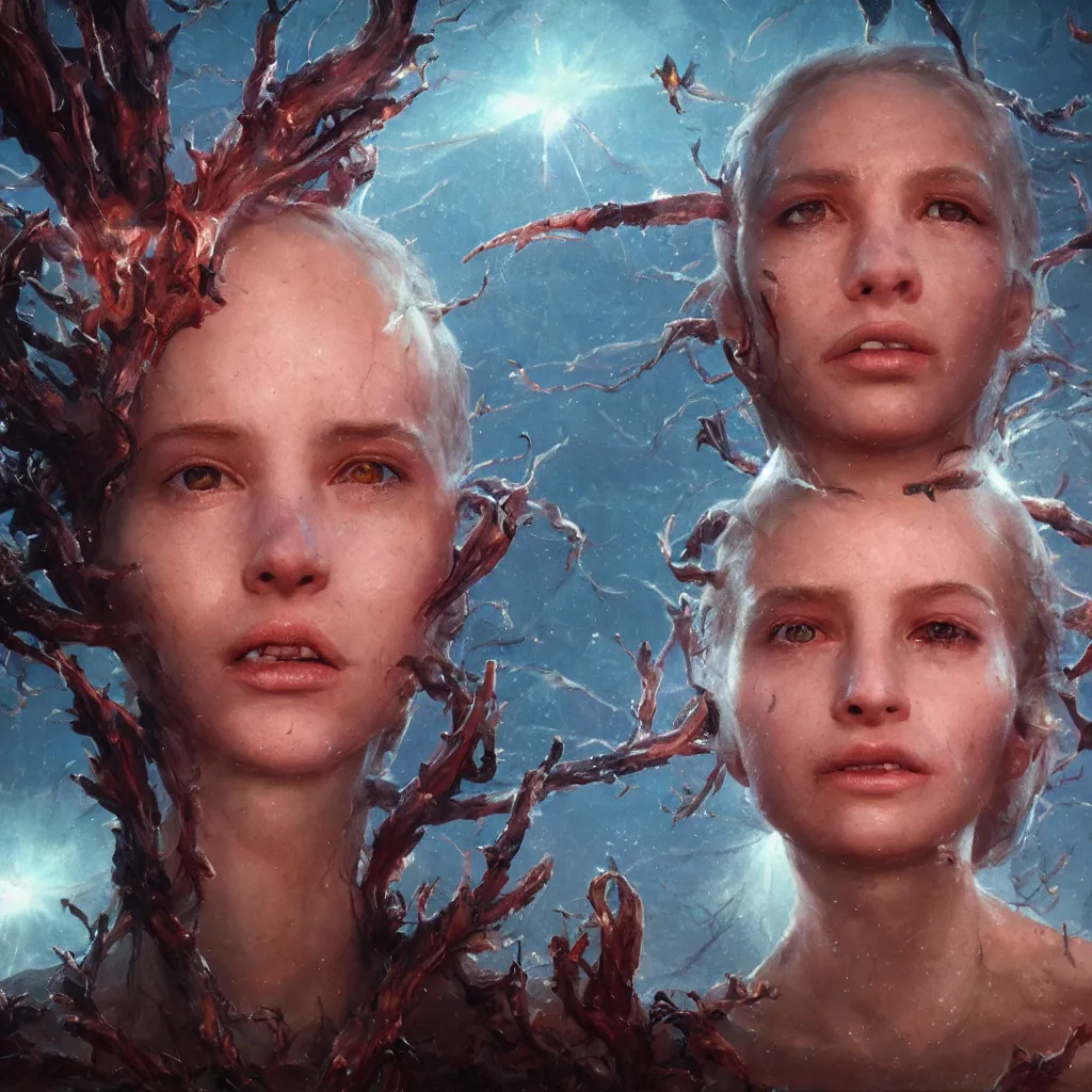 Prompt: extremely detailed cinematic movie still 3 0 7 7 portrait shot of phoenix princess 1 8 years old white woman hyperreal skin face at the mountain top by denis villeneuve, wayne barlowe, simon birch, marc simonetti, philippe druillet, beeple, bright volumetric sunlight from remote star, rich moody colors, closeup, bokeh