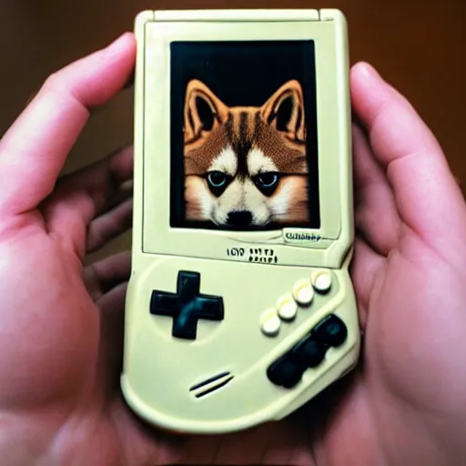 Image similar to a cat shiba inu playing a gameboy