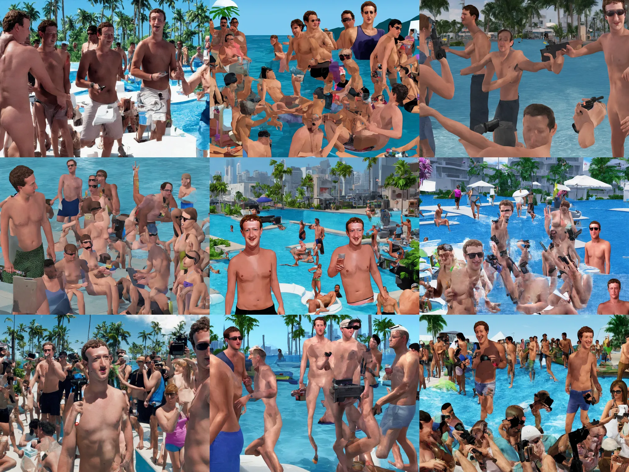 Prompt: mark zuckerberg pool party in grand theft auto vice city, ak 4 7