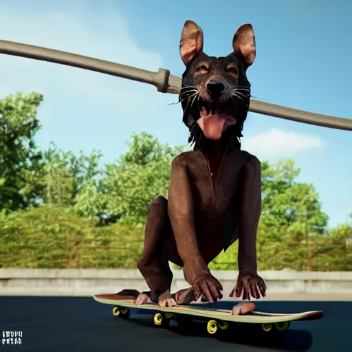 Image similar to [Half man half rat half dog on a skateboard, trending on artstation and unrealengine]