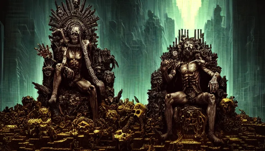 Prompt: highly detailed dark rotting god god sitting on a throne of bodies, night, death, fear, horror, religion, in style of minecraft, cyberpunk, by caravaggio, hyperrealism, detailed and intricate environment