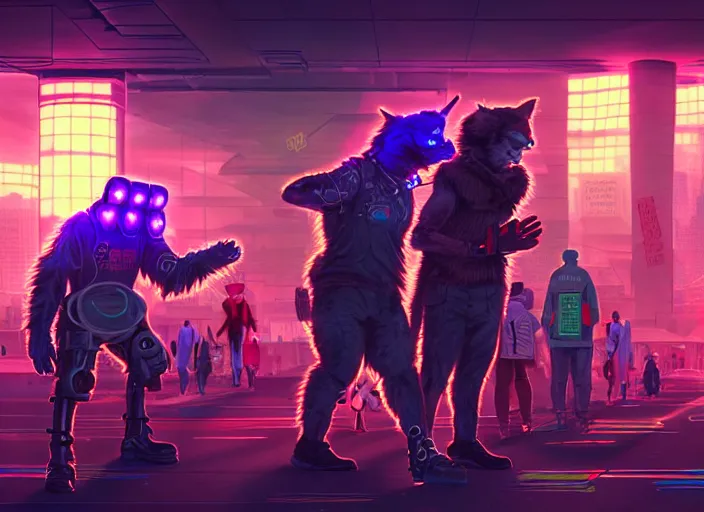 Image similar to high - resolution photograph from a cyberpunk era furry fandom convention ( midwest furfest 2 0 4 7 ), taking place after the genetic revolution and quantum singularity. photorealistic.