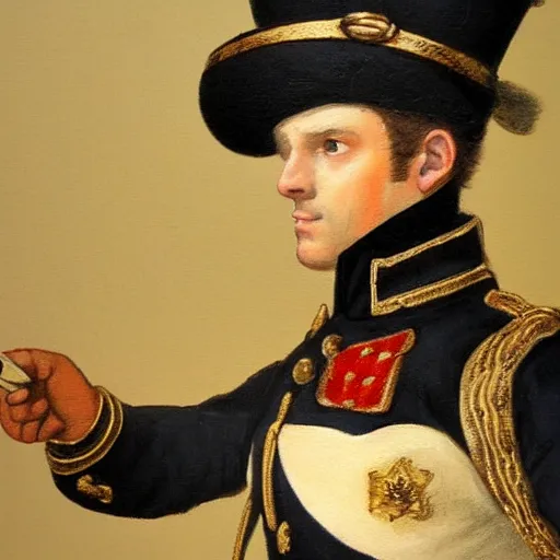 Image similar to A painting of a rabbit wearing a napoleon-era officer's uniform