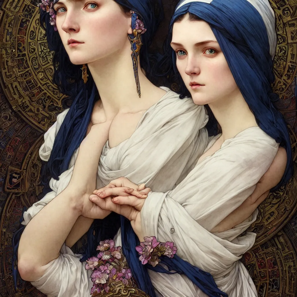 Image similar to Portrait of female cleric with kerchief covering her ears. Blue eyes, black hair, porcelain skin, full lips, high slanted cheekbones. Fantasy art by artgerm and greg rutkowski and alphonse mucha, intricate, elegant, highly detailed, dramatic lighting, digital painting, concept art, illustration, award winning on artstation, D&D, AD&D.