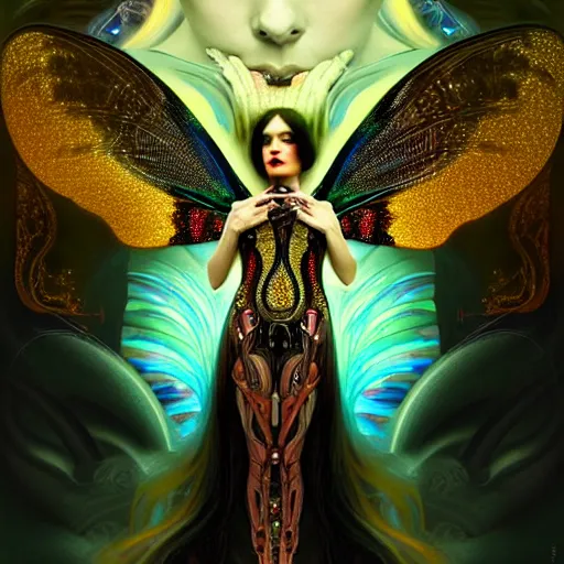 Prompt: extremely psychedelic beautiful cyborg queen of lsd infected by night. intricate, elegant, highly detailed, extremely lifelike photorealistic digital painting, artstation. steichen, gaston bussiere, tom bagshaw, cyberpunk alphonse mucha. elegant minimalism. anatomically correct. sultry murderous rage. sharp focus. gold and black butterfly wings. lifelike