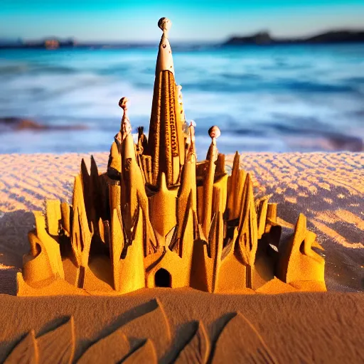 Prompt: beautiful Sand castle in the shape of la Sagrada Familia of Barcelona, well detailed,4k, macro lens, macro photo, Sigma 105mm,winning award photo, sea in the background,golden hour
