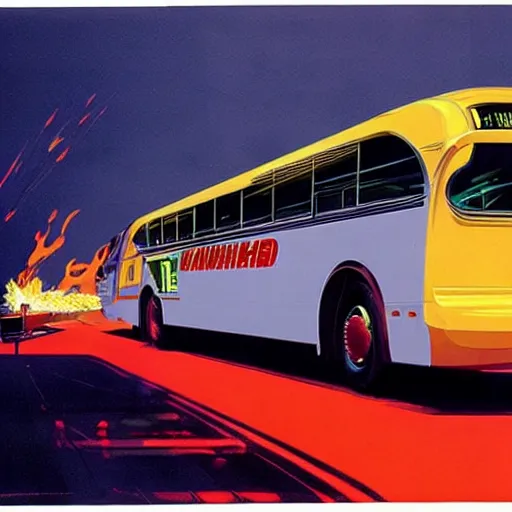 Prompt: concept art for bus with flamethrower, painted by syd mead, high quality