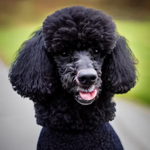 Prompt: HD photograph of a black poodle wearing a blue oodie