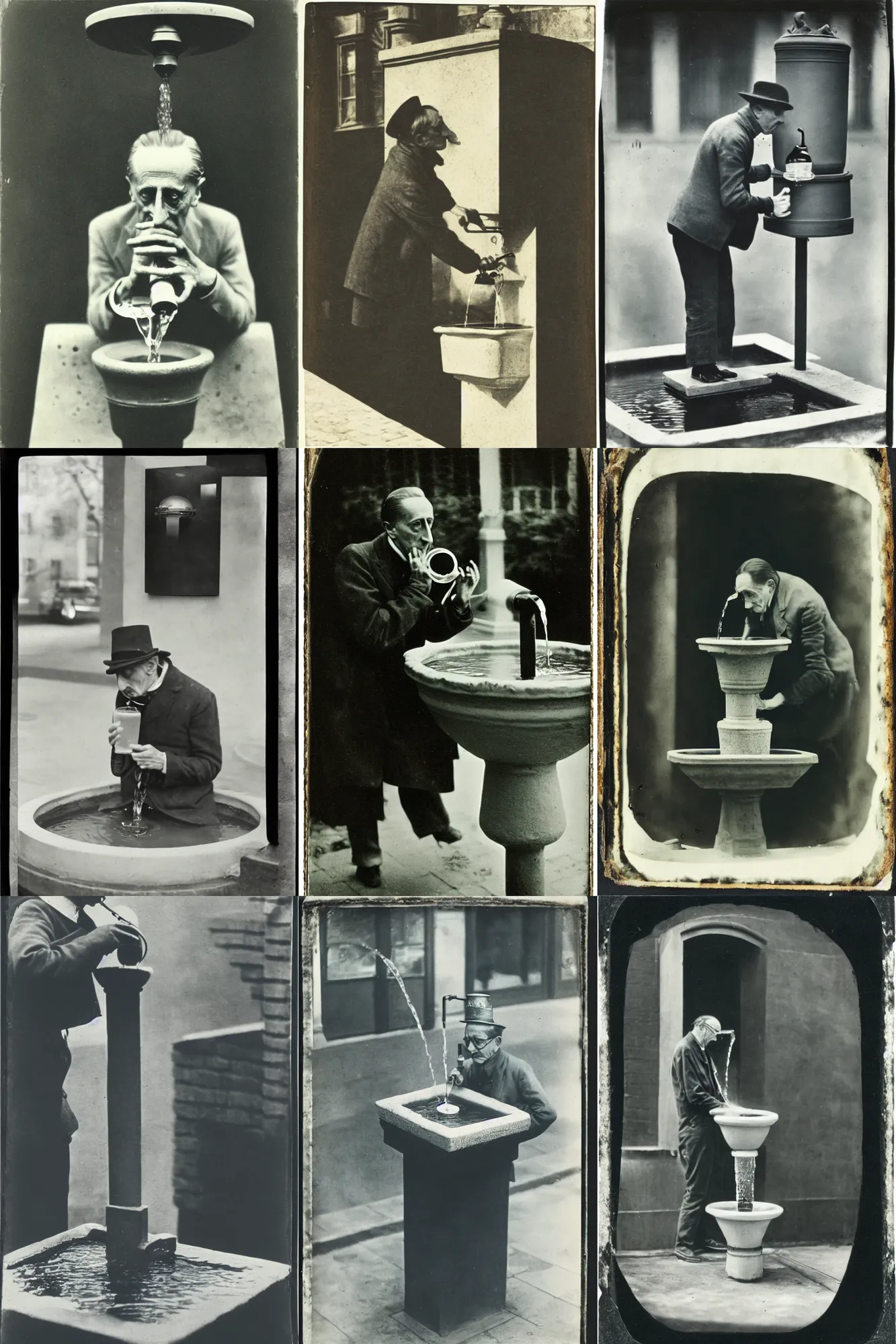 Prompt: tintype of marcel duchamp drinking water from a street fountain