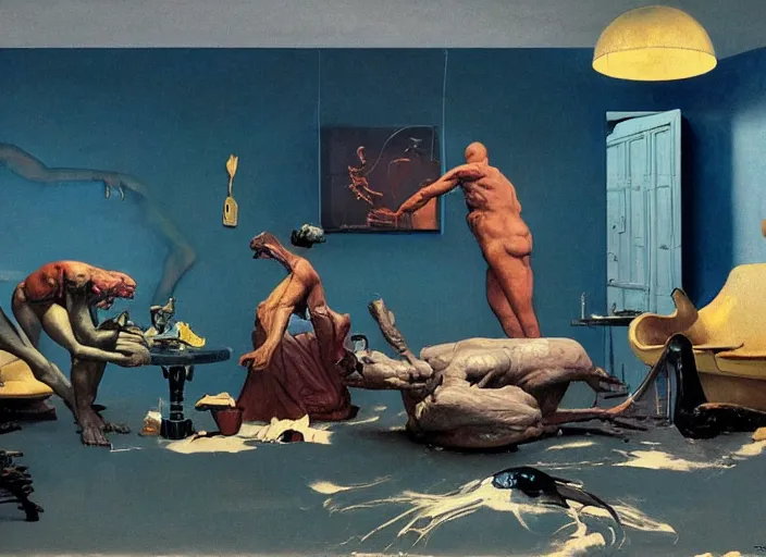 Prompt: a still from the film prometheus by francis bacon, surreal, soft blue living room, norman rockwell and james jean, greg hildebrandt, and mark brooks, triadic color scheme, by greg rutkowski, in the style of francis bacon and syd mead and edward hopper and norman rockwell and beksinski, dark surrealism, open ceiling