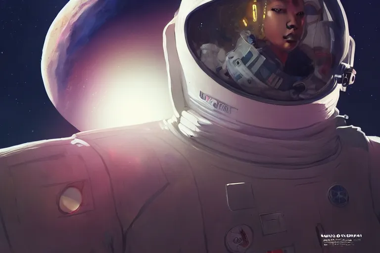 Image similar to portrait of cl rapper in a spacesuit frowning, moon base with earth in the night sky, artgerm, ilya kuvshinov, krenz cushart, ruan jia, realism, ultra detailed, 8 k resolution