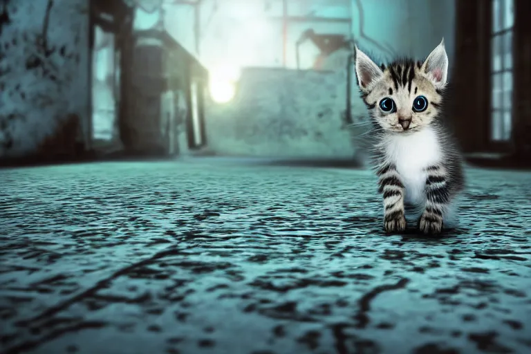 Image similar to a cute kitten on an adventure through an abandoned town in the night, 3d scene, render, ultra realistic
