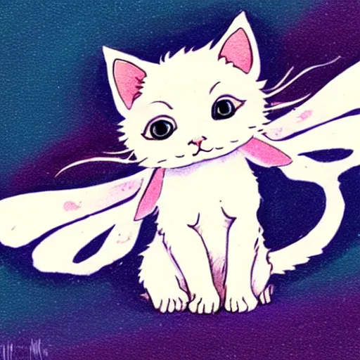 Prompt: a cute kitten with fairy wings, in the style of studio ghibli