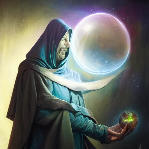 Image similar to creator of worlds wearing a cloak, masked, and holding a holographic planet projection in his hand, detailed, sci - fi, digital painting, artstation, sharp focus, illustration, ominous, artgerm, tomasz alen kopera, peter mohrbacher, donato giancola, joseph christian leyendecker, wlop, frank frazetta