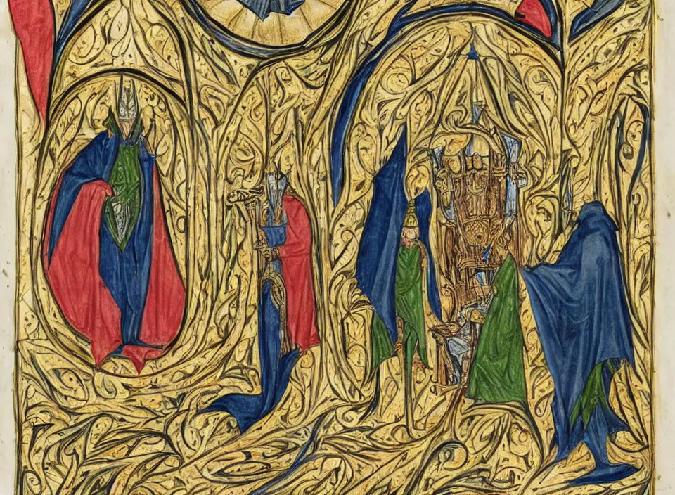 Prompt: a illuminated manuscript drawing of sauron sitting on a throne with the nazgul kneeling in front of him
