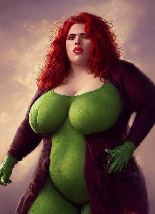 Prompt: A beautiful portrait of 400-pound obese Scarlett Johansson as 400-pound obese Poison Ivy from Batman movie, digital art by Eugene de Blaas and Ross Tran, vibrant color scheme, highly detailed, in the style of romanticism, cinematic, artstation, Greg rutkowski