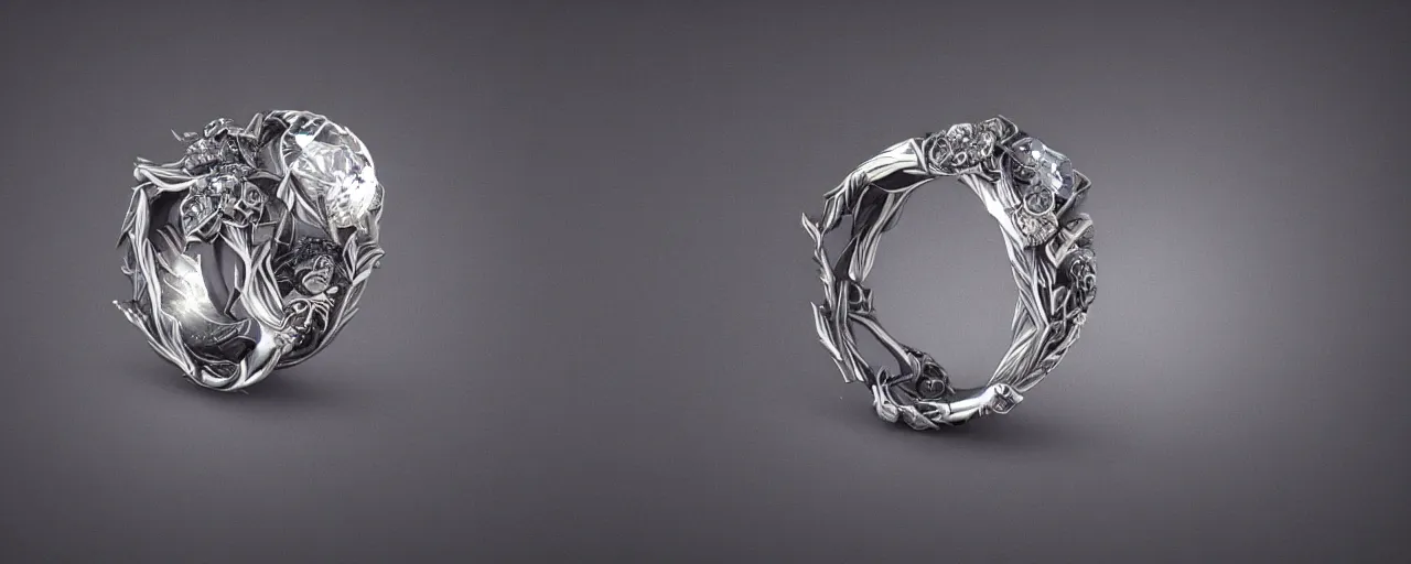 Image similar to magic crystal ring, fire, flames, crystal, engravings, diamonds, product design, art by gerald brom, greg rutkowski and artgerm, photo realism, unreal engine, c 4 d