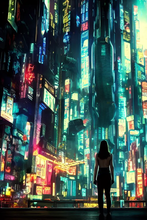 Image similar to A girl stands in front of cyberpunk city, in theme of Bladerunner movie.