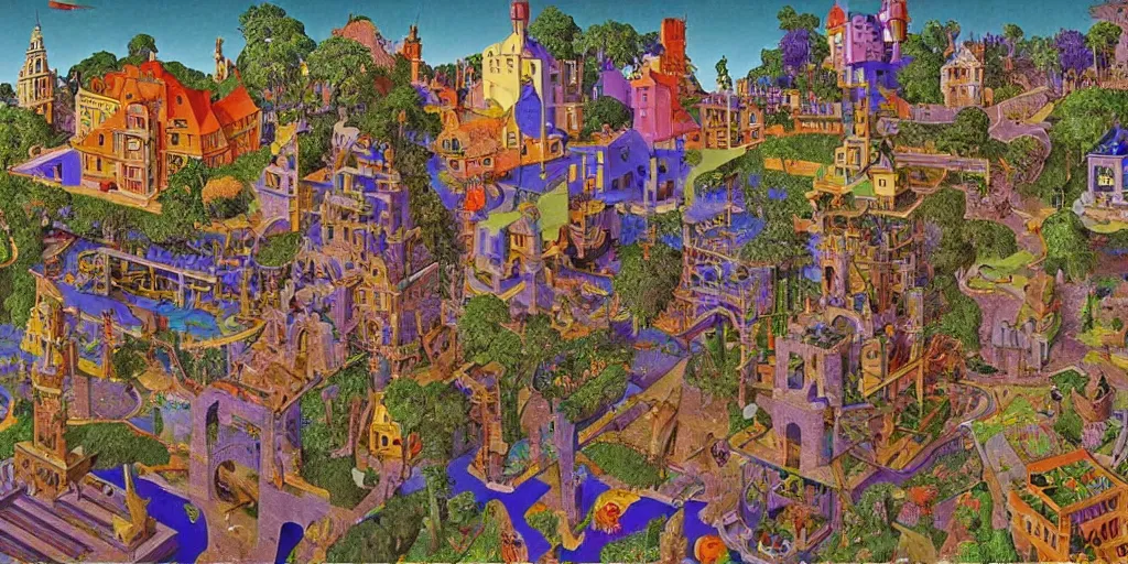 Image similar to the last virtual art museum in a 9 0's video game, made in 1 9 9 0, in the style of mc escher and heironymus bosch, colorful intricate masterpiece, hyper detailed