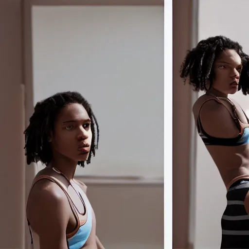 Image similar to realistic! photoshoot for a new nike lookbook, color film photography, portrait of a beautiful woman, location in a apartment, highly detailed, 8K, in style of tyler mitchell, 35mm