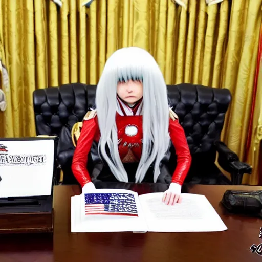 Image similar to a person cosplaying griffith from berserk by kentaro miura sitting at white house desk with american flag at his side