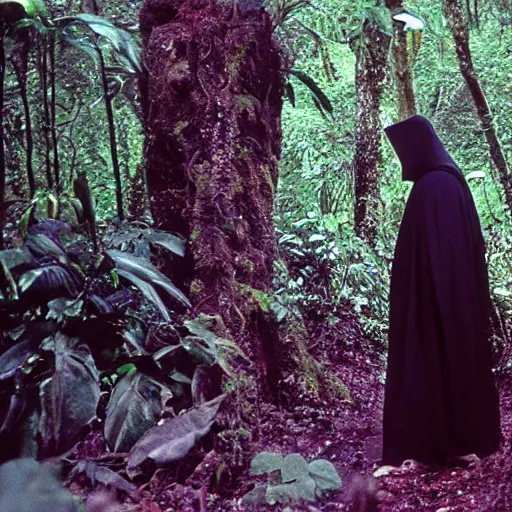 Image similar to a man wearing a long cloak and hood, walking through a lush jungle, film still, arriflex 3 5 extremely high detail