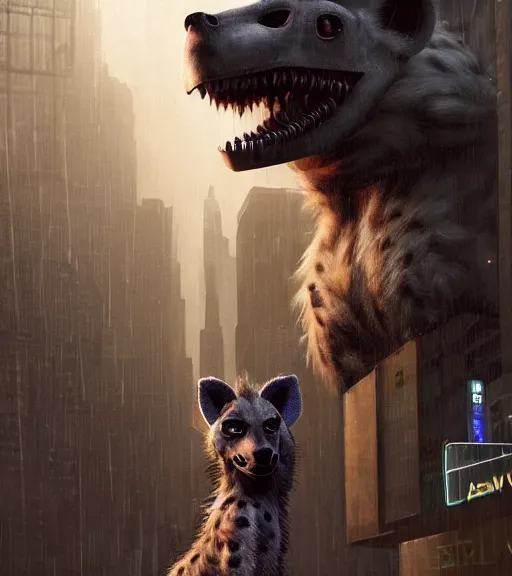 Image similar to new york city portrait of furry anthro anthropomorphic spotted hyena head animal person fursona wearing clothes strange cybernetic muzzle gloomy rainy screenshot from the video game cyberpunk 2077 digital art by Greg Rutkowski, Simon Stalenhag, christopher nolan trending on Artstation, CGSociety