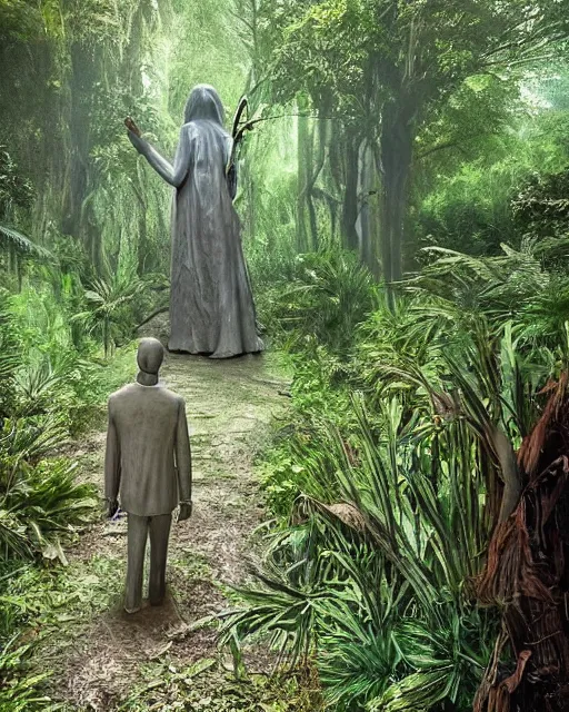 Image similar to a powerful wizard walking towards an ominous statue in a densely overgrown, eerie jungle, fantasy, stopped in time, dreamlike light incidence, ultra realistic